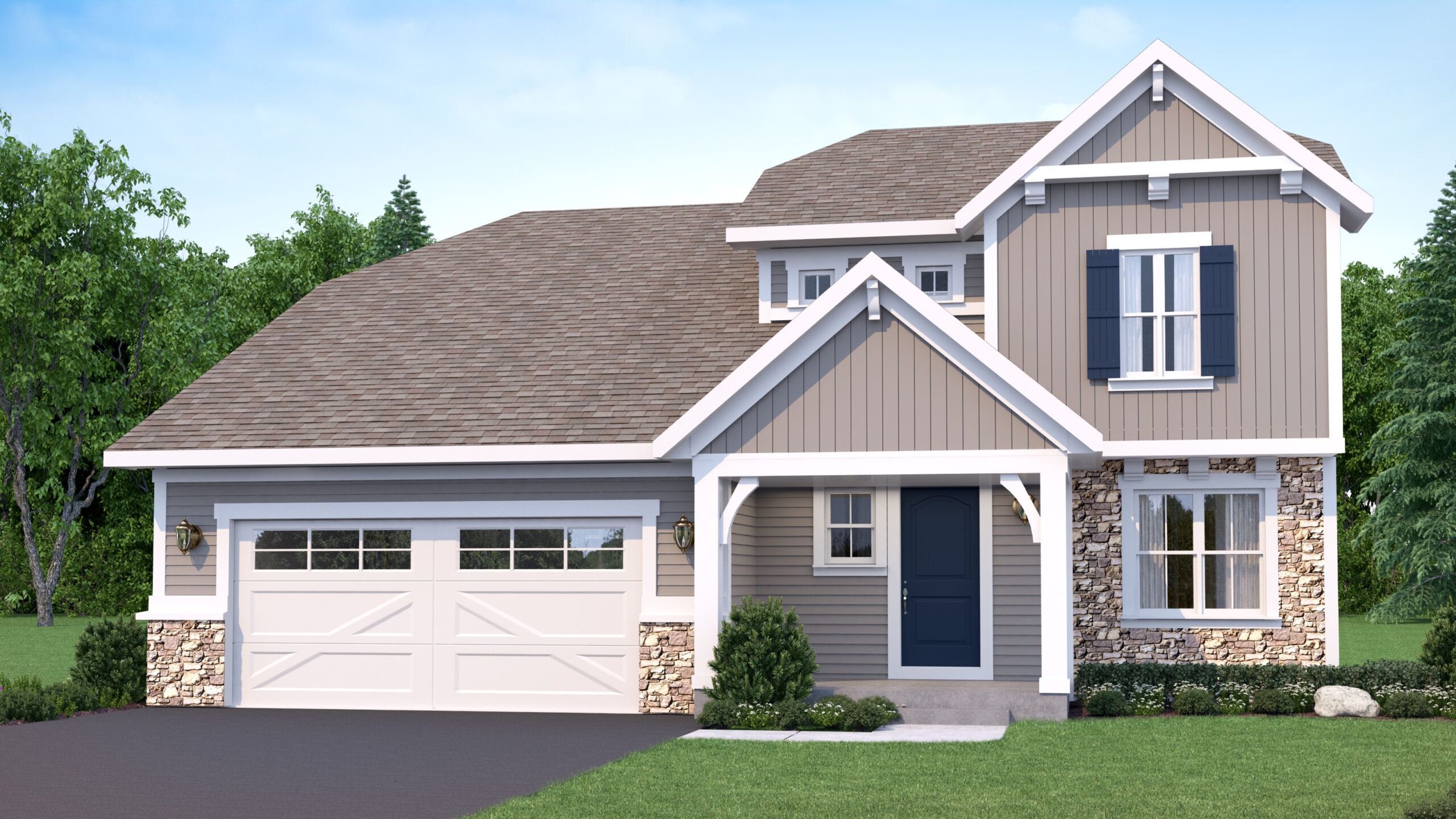 Exterior rendering of Quaking Aspen floor plan from the front. European exterior style. 3 bed/2.5 bath.
