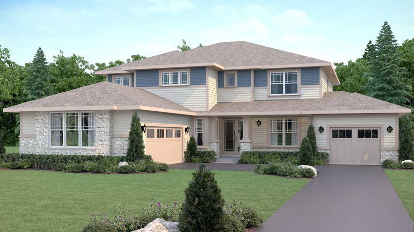 Exterior rendering of a 4 bedroom, 3.5 bath home floor plan, with the Prairie exterior style